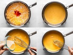 four pictures showing how to make cheese sauce in a pot and whisk them with a whisk