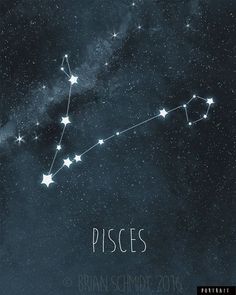 the zodiac sign pisces is shown in the night sky with stars on it