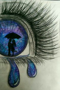 a drawing of a couple holding an umbrella in front of their eye with water dripping from the iris