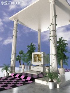 an artistic rendering of a living room with columns and a television set in the corner