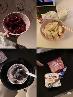 four pictures showing different types of food in bowls and on plates, including yogurt