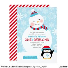 a snowman and penguin birthday party card with the words one derland on it