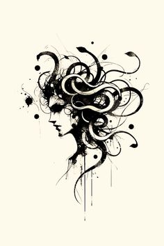 a drawing of a woman's head with black and white swirls