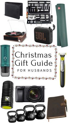 the christmas gift guide for husbands is shown with other items and accessories on display, including an electronic device