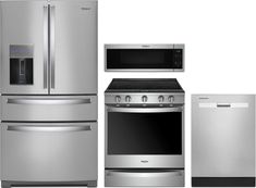 a stainless steel appliance set including refrigerator, stove and microwave