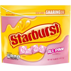 starburst all pink candy bar on a white background with the word's written in