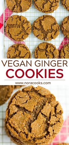 vegan ginger cookies on a cooling rack with text overlay that reads, vegan ginger cookies