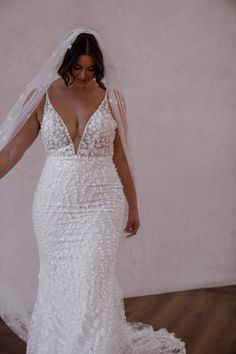 a woman wearing a wedding dress and veil