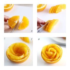 four pictures showing how to cut an orange in half and then slice it into smaller pieces