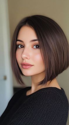 Woman with a sleek A-line bob haircut, showcasing modern elegance with a softly angled cut.