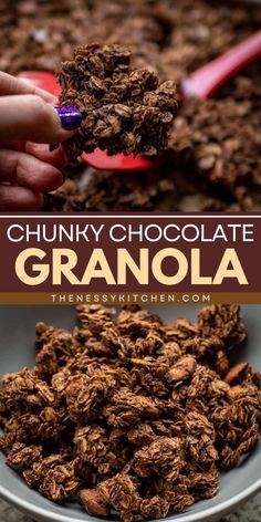 A delicious snack recipe featuring chunky granola! Not only is this homemade chocolate granola tasty and fun to eat, but they are also healthy. You can even enjoy it as a simple breakfast idea! Check out some variations you can try! Chunky Granola Recipe, Healthy Chocolate Granola, Homemade Chocolate Granola, Chunky Granola, Chocolate Granola Recipe, Homemade Granola Healthy, Granola Recipe Healthy