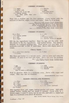 an old recipe for cherry pudding on a brown and white checkered paper