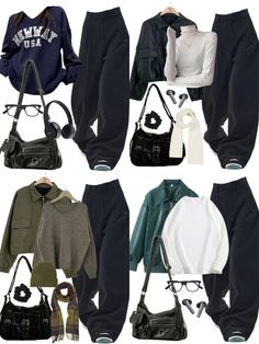 four different types of women's clothing and purses