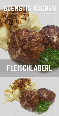 three different types of food are shown in this graphic above the words, cuisine kochen and fleischlaberl