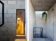 two pictures of the inside and outside of a building with stairs leading up to an open door