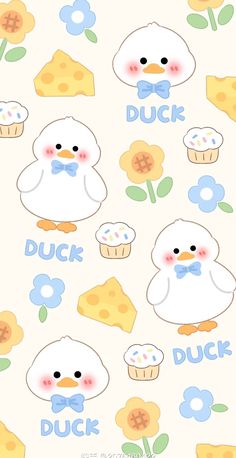 an image of a pattern with ducks and cupcakes on the background that says duck