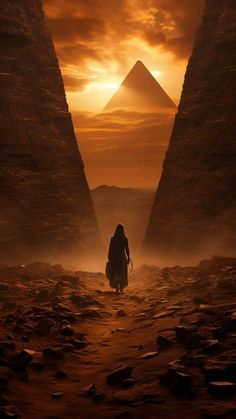 a person walking in front of two pyramids