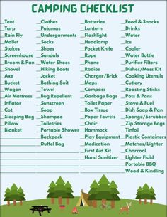 the camping checklist is shown in green and blue with trees, picnic table, campfire