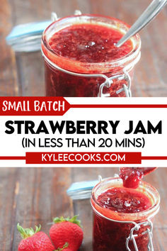 An image of strawberry jam in a jar Quick Jam Recipes, How To Make Strawberry Jam, Strawberry Recipes Healthy, Small Batch Strawberry Jam, Strawberry Dessert Ideas, Strawberry Jam No Pectin, Jams And Jelly Recipes, Small Batch Jam