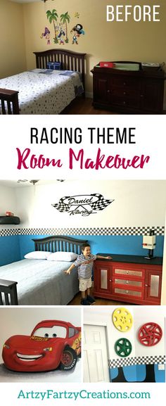 a kid's bedroom with cars painted on the walls