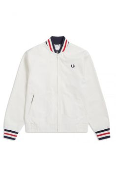 Tennis Bomber Jacket Reissues Made in England – Posers Hollywood White Cotton Track Jacket With Baseball Collar, Classic Cotton Varsity Jacket With Ribbed Cuffs, Retro White Cotton Track Jacket, Retro White Outerwear With Ribbed Cuffs, Classic Cotton Track Jacket For Spring, Classic Spring Cotton Track Jacket, Vintage Cotton Outerwear With Ribbed Cuffs, White Cotton Outerwear With Ribbed Collar, Vintage Cotton Varsity Jacket With Ribbed Cuffs