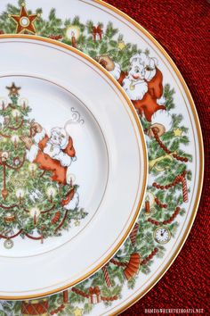 two plates decorated with christmas decorations and santa's helpers on the rims