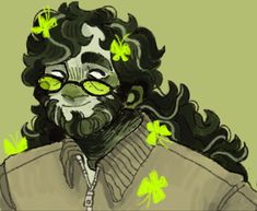 a drawing of a man with glasses and shamrocks on his hair