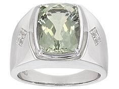 5.31ct rectangular cushion Green Prasiolite with .13ctw round white sapphire rhodium over sterling silver men's ring. Measures approximately 11/16"L x 1/8"W. Finished under gallery. Not sizeable. Web only. Cushion Cut Gemstones With Accent Stones For Formal Occasions, Formal Cushion Cut Gemstones With Accent Stones, Gia Certified Modern Formal Rings, Modern Gia Certified Rings For Formal Occasions, Modern Gia Certified Square Cut Jewelry, Modern Formal Gemstones With Polished Finish, Modern Gia Certified Jewelry For Formal Occasions, Modern Cushion Cut Jewelry For Formal Occasions, Modern Cushion Cut Rings With Accent Stones