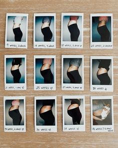 eight pictures of women's butts are arranged on a wooden table with words written below them