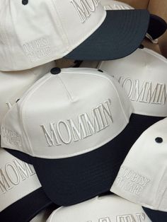 MOMMIN' - this tone on tone hat is perfect for year round use  Additional side embroidery that says "Too Busy To Care"  Black Vintage Hat with tan embroidery on the front + side Snapback adjustable closure  Ships immediately unless on preorder Hot Moms Club, Usa Embroidery, Vintage Trucker Hat, Vintage Trucker Hats, School Collection, Hat Embroidery, Vintage Hat, Tone On Tone, Too Busy