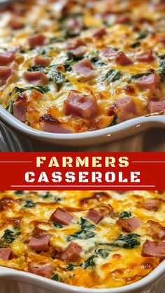 two images show the same casserole with ham and spinach in it, one has cheese on top