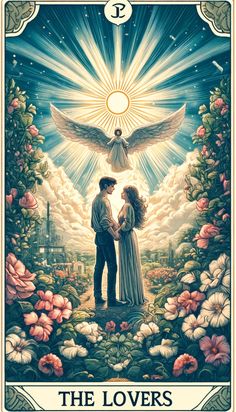 a couple standing next to each other in front of an angel with wings above them