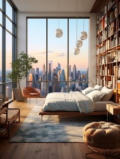 a bedroom with a large window and a view of the city from it's floor to ceiling windows