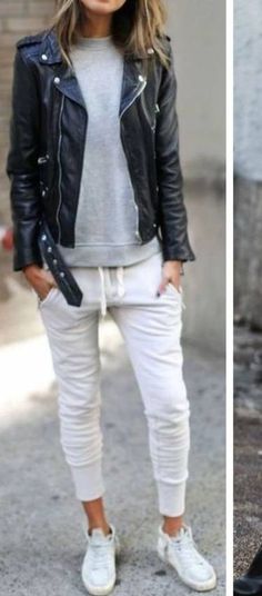 Fall Outfits 2017, Cooler Look, Black Leather Jacket, Casual Fall Outfits, Looks Style, Mode Inspiration, White Pants, Outfits Casuales, Casual Fall