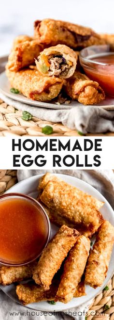 homemade eggrolls with dipping sauce on the side and an image of fried egg rolls