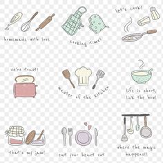 an illustration of kitchen utensils and cooking items on a transparent background, hd png