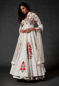 Rohit Bal-Ivory Chanderi Silk Anarkali Set-INDIASPOPUP.COM Luxury Chanderi Gown For Transitional Season, Luxury Art Silk Churidar For Celebration, Luxury White Anarkali Set With Motifs, Luxury Gown With Zari Work In Art Silk, Luxury Art Silk Anarkali Set With Resham Embroidery, Luxury Art Silk Anarkali Set With Traditional Patterns, Luxury Silk Churidar With Printed Motifs, Luxury Art Silk Gown With Zari Work, Luxury Art Silk Anarkali Set With Embroidered Border