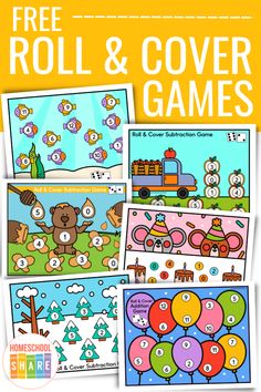 the free roll and cover game for kids with pictures of animals, balloons, and trees