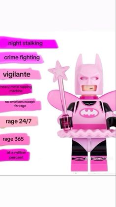 the lego batman movie character is shown in pink and purple colors, with instructions on how to