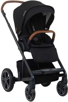 the stroller is black and has a wooden handle