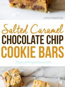 salted caramel chocolate chip cookie bars with text overlay