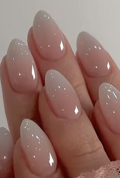 Ombre Short Oval Nails, Simple Almond Wedding Nails, Ombre French Tip Nails Oval, Pearl Ombre Nails Almond, Classy Ombre Nails Almond, French Fade Nails Almond Glitter, Short Almond Acrylic Nails Elegant, Wedding Nails For Bride Almond Shape Ombre, Classy Dip Nails Almond