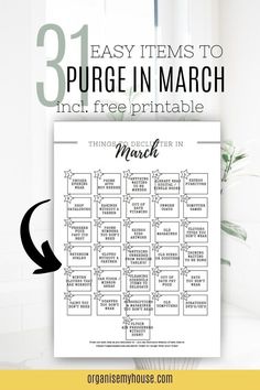 a printable march calendar with the text, 31 easy items to purige in march