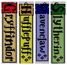 four cross stitch bookmarks with the words,'happy birthday'in different colors