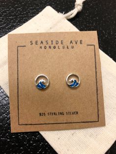 Blue wave stud earrings made with 925 sterling silver - comes with a gift bag! Cadmium-free Blue Earrings As Gift, Blue Hypoallergenic Sterling Silver Jewelry, Blue Sterling Silver Earrings Gift, Hypoallergenic Sterling Silver Blue Earrings, Everyday Blue Jewelry With Matching Earrings, Surf Jewelry, Gifts For Surfers, Baby Earrings, Beach Island