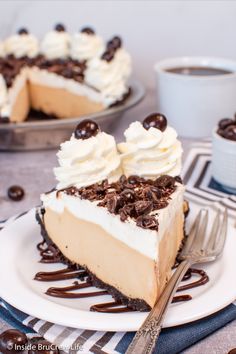 a slice of cheesecake with whipped cream and chocolate toppings