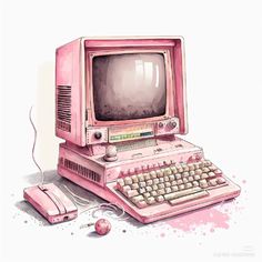 an old pink computer with a mouse and keyboard