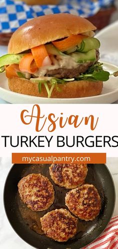 burgers cooking in skillet (bottom) and assembled burger (top). Asian Turkey Burger Recipes, Turkey Burger Tacos, Keto Patties, Ground Turkey Burger Recipes, Asian Turkey Burgers, Turkey Burgers Recipes