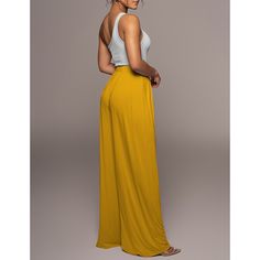 Yellow Solid Color Wide Leg Casual Pants Full Length Plain Bottoms For Summer, Plain Full-length Summer Bottoms, Plain Full Length Summer Bottoms, Plain Full-length Summer Pants, Yellow Non-stretch Full-length Bottoms, Chic Yellow Full-length Bottoms, Yellow Solid Color, Wide Leg Casual Pants, Casual Wide Leg Pants