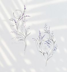 two drawings of flowers on a white background with the moon in the sky behind them